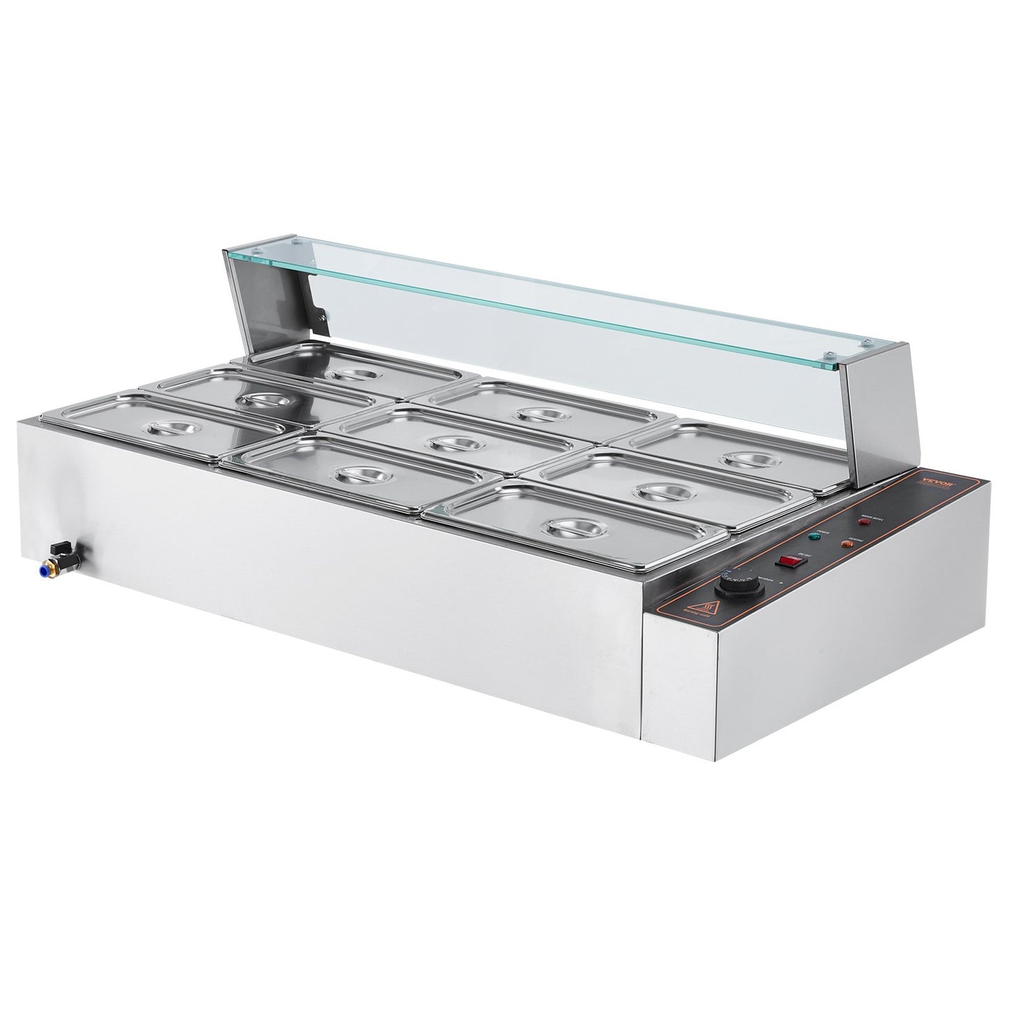 Commercial Food Warmer, 1500W Electric Stainless Steel Steam Food Warmer with Glass Cover, 9-Pan Countertop Buffet Bain Marie with Soup & Perforated Ladles, for Catering, Restaurant & Party