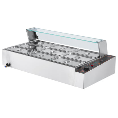 Commercial Food Warmer, 1500W Electric Stainless Steel Steam Food Warmer with Glass Cover, 9-Pan Countertop Buffet Bain Marie with Soup & Perforated Ladles, for Catering, Restaurant & Party