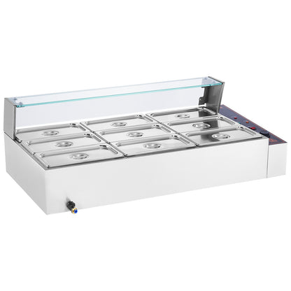 Commercial Food Warmer, 1500W Electric Stainless Steel Steam Food Warmer with Glass Cover, 9-Pan Countertop Buffet Bain Marie with Soup & Perforated Ladles, for Catering, Restaurant & Party
