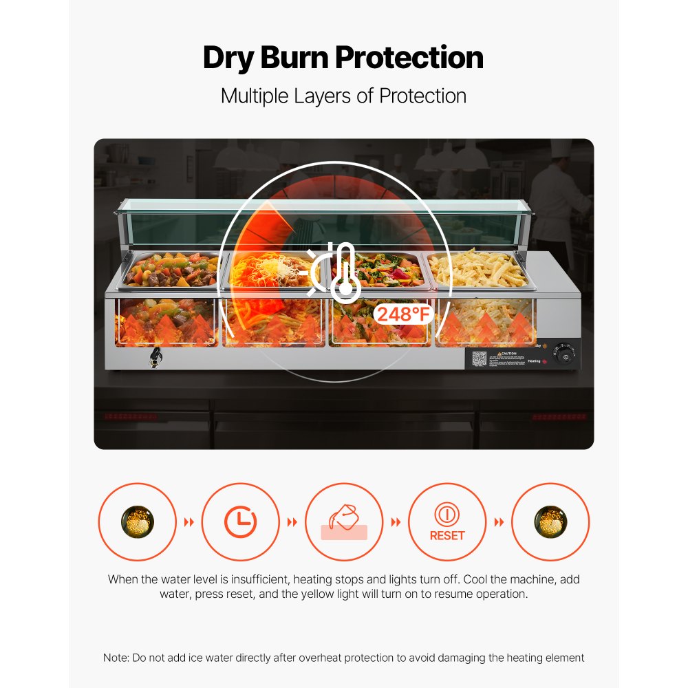 Commercial Food Warmer 4-Pan 1500W Buffet Bain Marie with Glass Cover