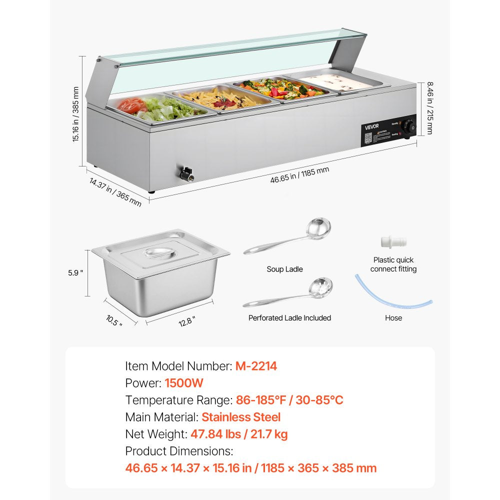 Commercial Food Warmer 4-Pan 1500W Buffet Bain Marie with Glass Cover
