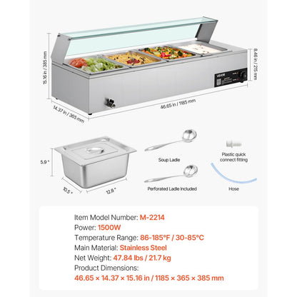 Commercial Food Warmer 4-Pan 1500W Buffet Bain Marie with Glass Cover