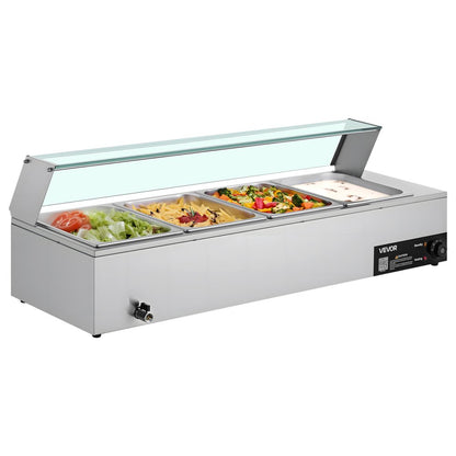 Commercial Food Warmer 4-Pan 1500W Buffet Bain Marie with Glass Cover