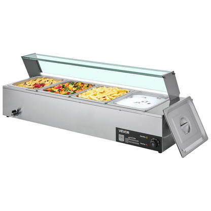 Commercial Food Warmer 4-Pan 1500W Buffet Bain Marie with Glass Cover