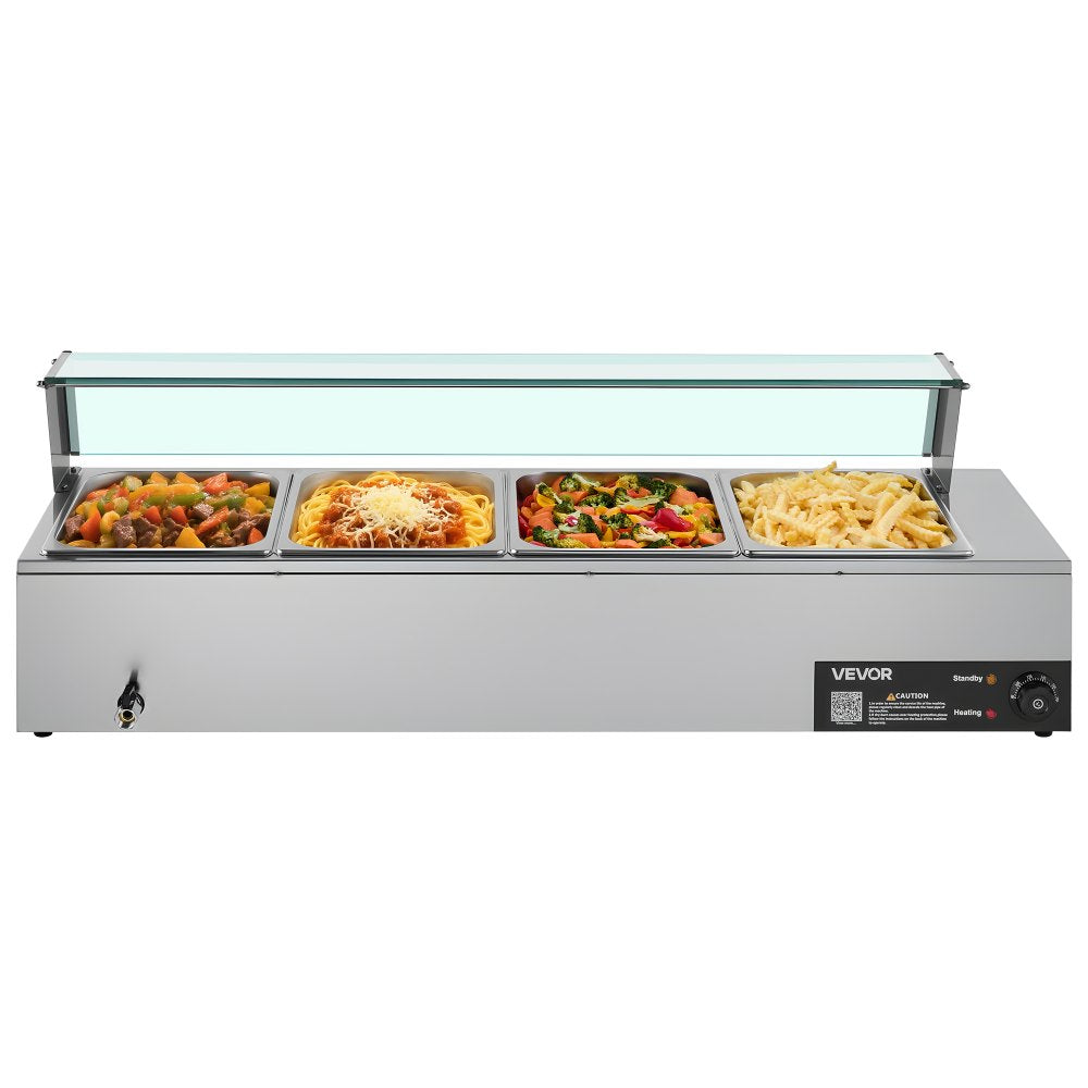 Commercial Food Warmer 4-Pan 1500W Buffet Bain Marie with Glass Cover
