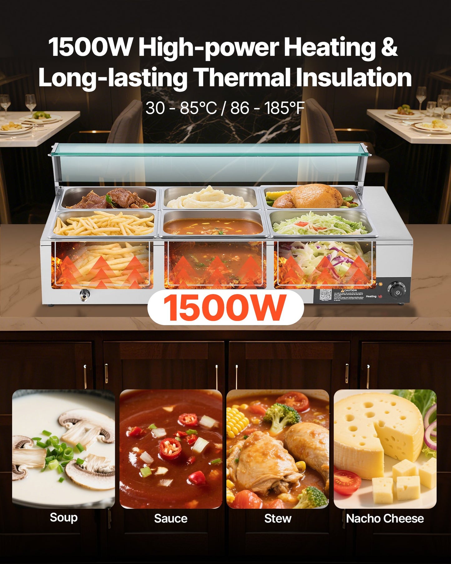Commercial Food Warmer, 1500W Electric Stainless Steel Steam Food Warmer with Glass Cover, 6 x 1/2 Size Pans Buffet Bain Marie with Soup & Perforated Ladles, for Catering, Restaurant & Party
