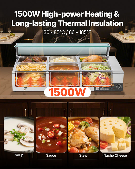 Commercial Food Warmer, 1500W Electric Stainless Steel Steam Food Warmer with Glass Cover, 6 x 1/2 Size Pans Buffet Bain Marie with Soup & Perforated Ladles, for Catering, Restaurant & Party