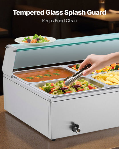 Commercial Food Warmer, 1500W Electric Stainless Steel Steam Food Warmer with Glass Cover, 6 x 1/2 Size Pans Buffet Bain Marie with Soup & Perforated Ladles, for Catering, Restaurant & Party