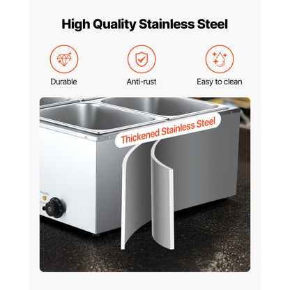 Commercial Food Warmer, 1500W Electric Stainless Steel Steam Food Warmer with Lid, 4-Pan Fast Heating Countertop Buffet Bain Marie with Soup & Perforated Ladles, for Catering, Restaurant, Party