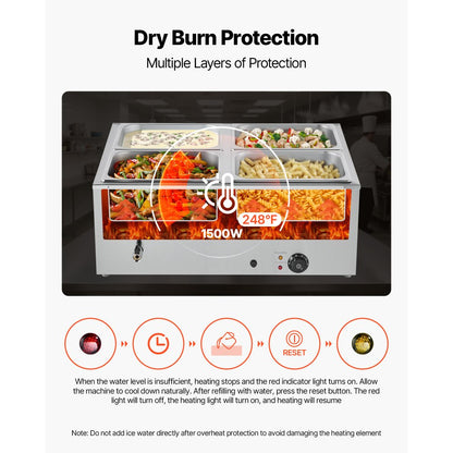 Commercial Food Warmer, 1500W Electric Stainless Steel Steam Food Warmer with Lid, 4-Pan Fast Heating Countertop Buffet Bain Marie with Soup & Perforated Ladles, for Catering, Restaurant, Party