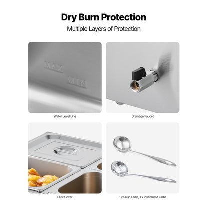 Commercial Food Warmer, 1500W Electric Stainless Steel Steam Food Warmer with Lid, 4-Pan Fast Heating Countertop Buffet Bain Marie with Soup & Perforated Ladles, for Catering, Restaurant, Party