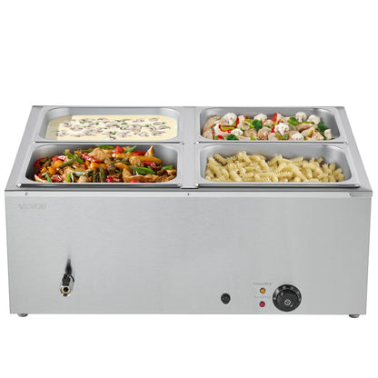 Commercial Food Warmer, 1500W Electric Stainless Steel Steam Food Warmer with Lid, 4-Pan Fast Heating Countertop Buffet Bain Marie with Soup & Perforated Ladles, for Catering, Restaurant, Party