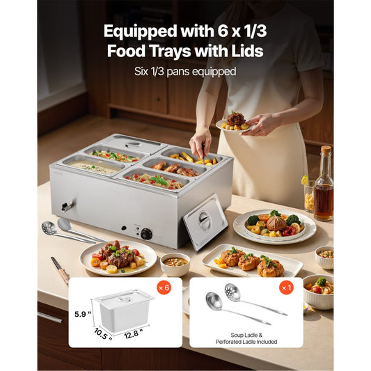 Commercial Food Warmer, 1500W Electric Stainless Steel Steam Food Warmer with Lid, 6-Pan Fast Heating Countertop Buffet 