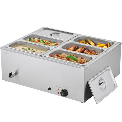 Commercial Food Warmer, 1500W Electric Stainless Steel Steam Food Warmer with Lid, 6-Pan Fast Heating Countertop Buffet Bain Marie with Soup & Perforated Ladles, for Catering, Restaurant, Party