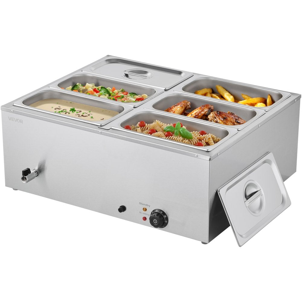 Commercial Food Warmer, 1500W Electric Stainless Steel Steam Food Warmer with Lid, 6-Pan Fast Heating Countertop Buffet Bain Marie with Soup & Perforated Ladles, for Catering, Restaurant, Party