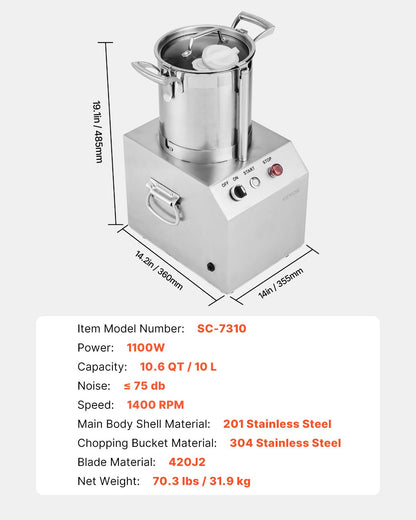 VEVOR Food Processor & Vegetable Chopper 10L Food-Grade Stainless Steel Blender