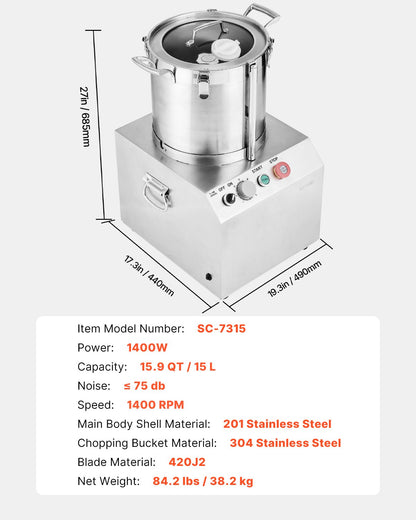 VEVOR Food Processor & Vegetable Chopper 15L Food-Grade Stainless Steel Blender