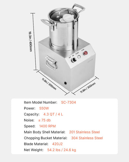 VEVOR Food Processor & Vegetable Chopper 4L Food-Grade Stainless Steel Blender
