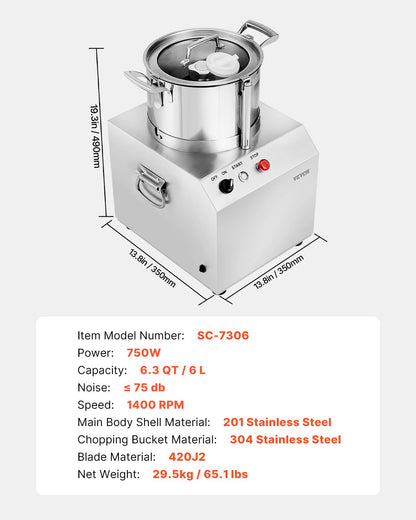 VEVOR Food Processor & Vegetable Chopper 6L Food-Grade Stainless Steel Blender