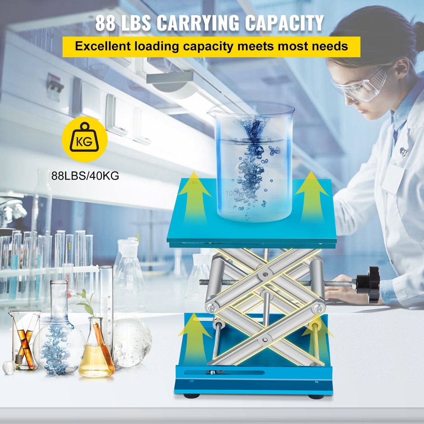 Aluminum Lab Lift Jack, Adjustable 0.06-0.3m, 40kg Capacity, Stable Platform