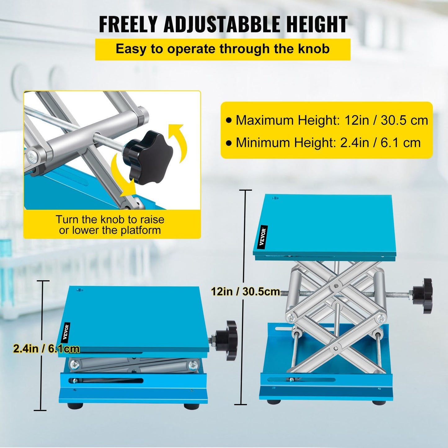 Aluminum Lab Lift Jack, Adjustable 0.06-0.3m, 40kg Capacity, Stable Platform