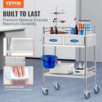VEVOR Lab Serving Cart, 2 Layers Stainless Steel Utility Rolling Cart, Medical Cart
