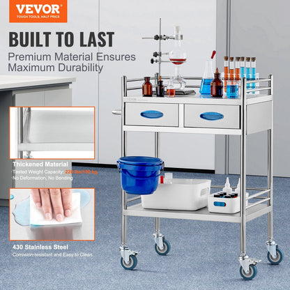Stainless Steel Medical Cart with Lockable Wheels, Drawers & 100 kg Capacity