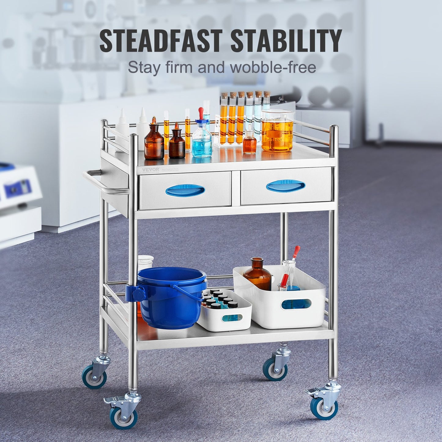 VEVOR Lab Serving Cart, 2 Layers Stainless Steel Utility Rolling Cart, Medical Cart