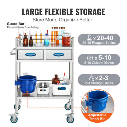 VEVOR Lab Serving Cart, 2 Layers Stainless Steel Utility Rolling Cart, Medical Cart