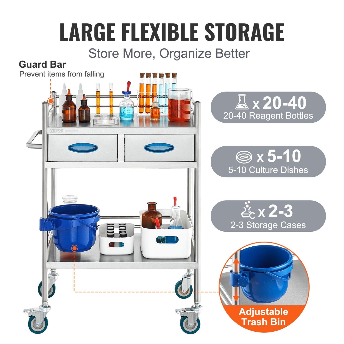 Stainless Steel Medical Cart with Lockable Wheels, Drawers & 100 kg Capacity