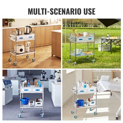 VEVOR Lab Serving Cart, 2 Layers Stainless Steel Utility Rolling Cart, Medical Cart