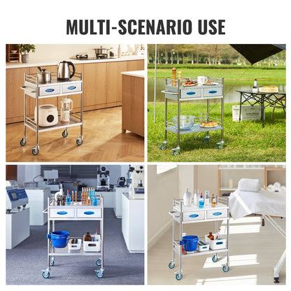 Stainless Steel Medical Cart with Lockable Wheels, Drawers & 100 kg Capacity