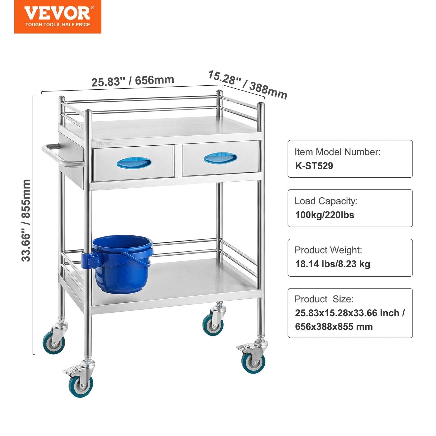 Stainless Steel Medical Cart with Lockable Wheels, Drawers & 100 kg Capacity