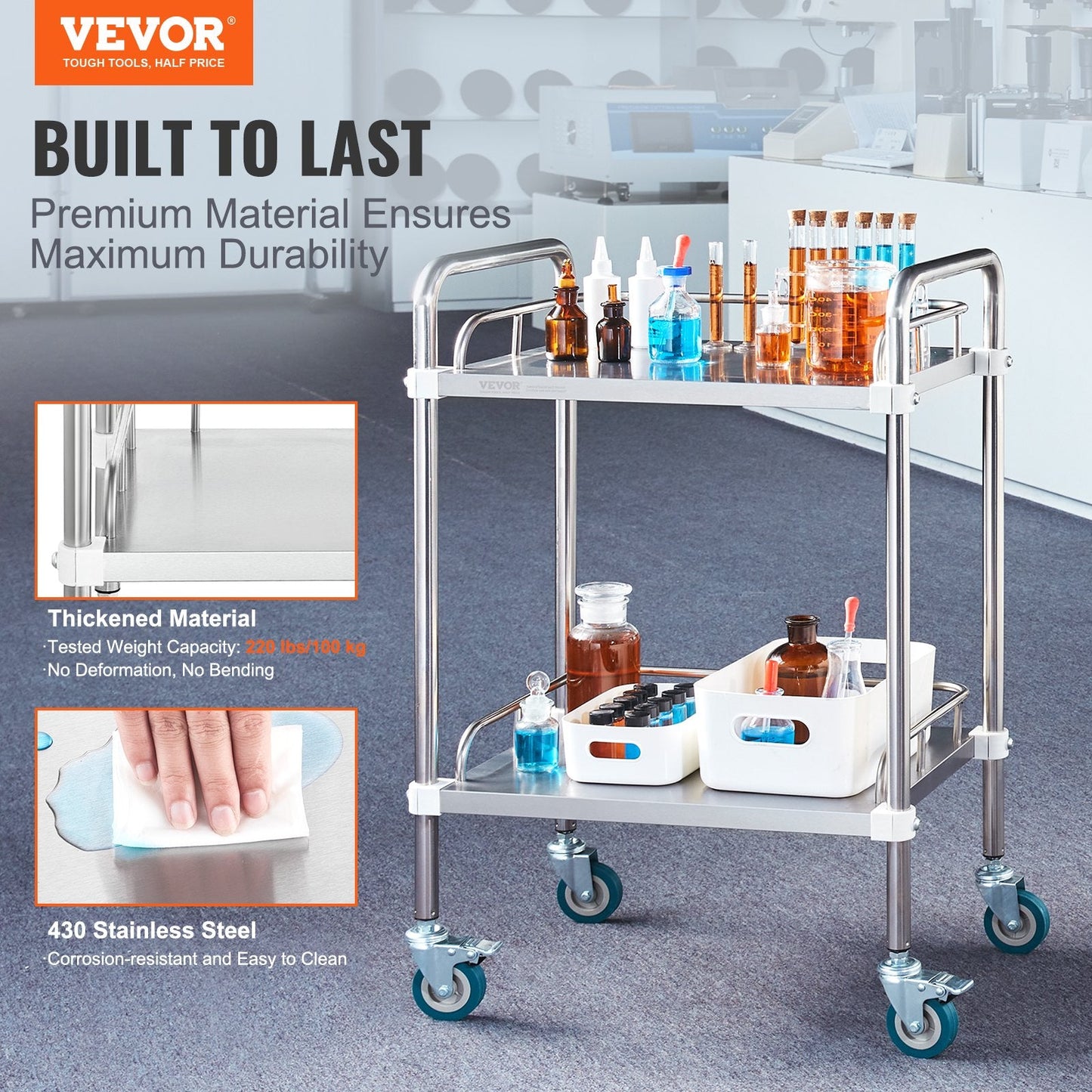 Stainless Steel 2-Shelf Lab Cart with Lockable Wheels, 100 kg Capacity