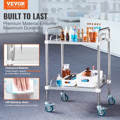Stainless Steel 2-Shelf Lab Cart with Lockable Wheels, 100 kg Capacity