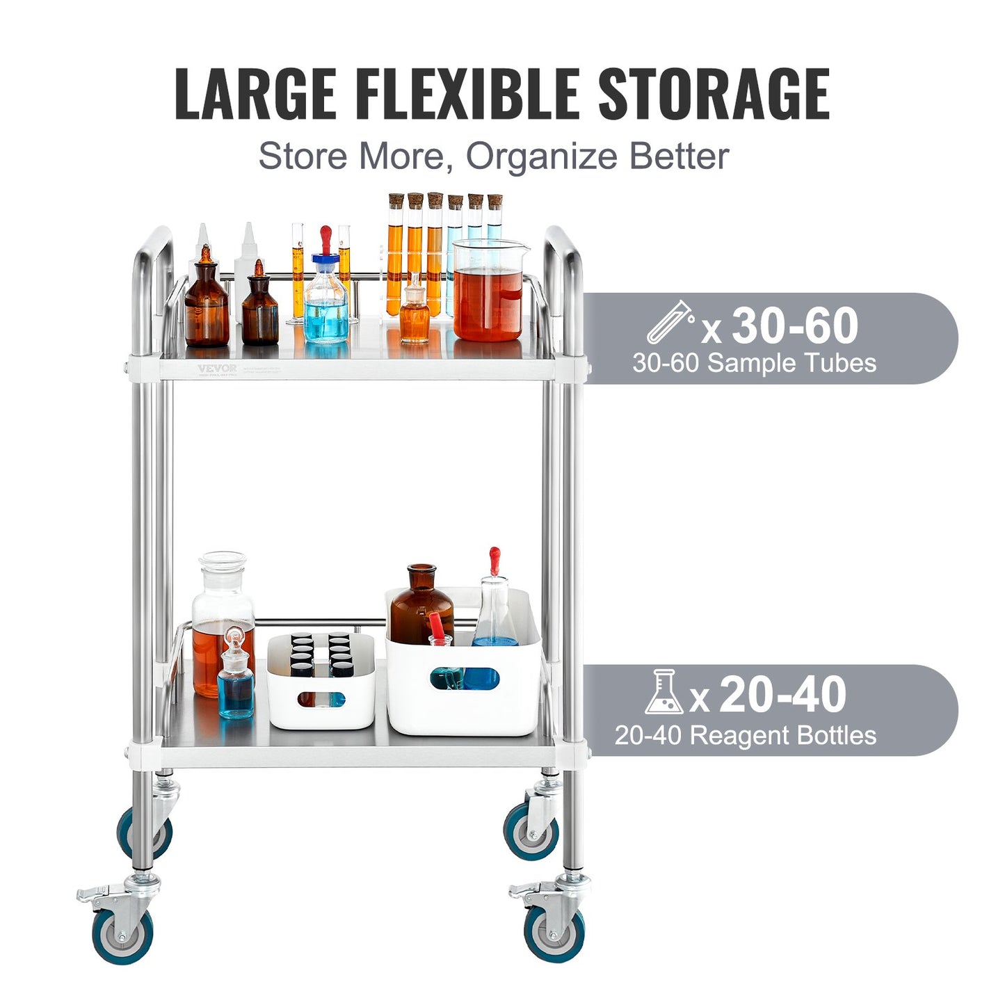 VEVOR Lab Rolling Cart, 2-Shelf Stainless Steel Rolling Cart, Lab Serving Cart with