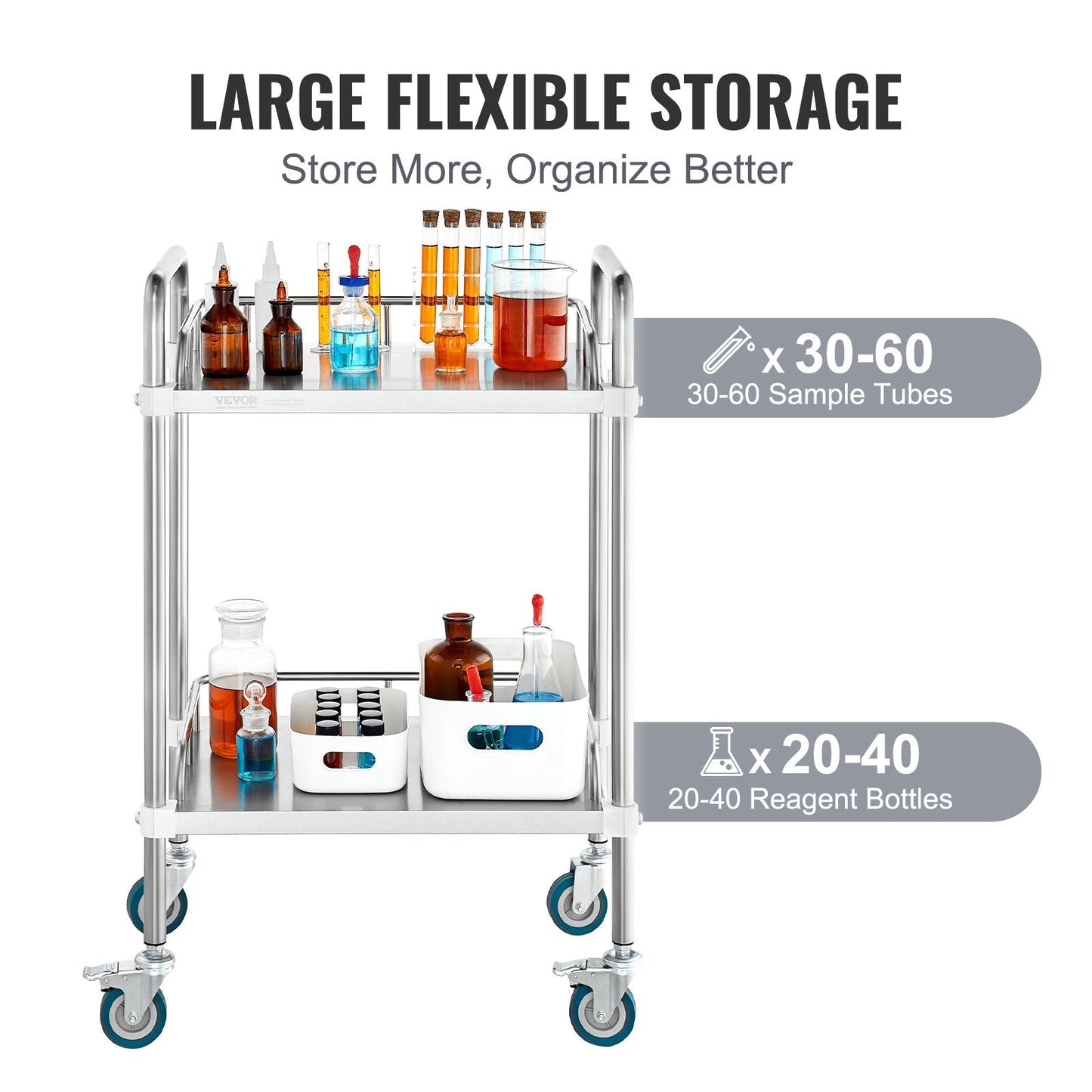 Stainless Steel 2-Shelf Lab Cart with Lockable Wheels, 100 kg Capacity