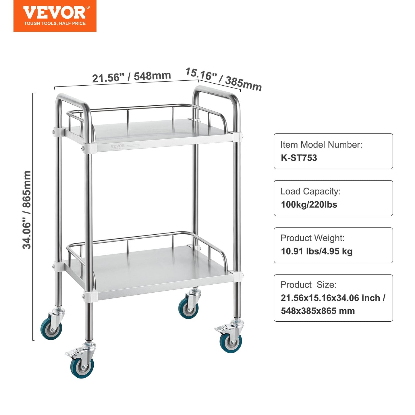 VEVOR Lab Rolling Cart, 2-Shelf Stainless Steel Rolling Cart, Lab Serving Cart with