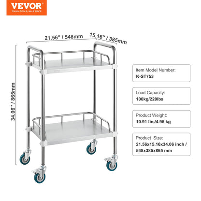 VEVOR Lab Rolling Cart, 2-Shelf Stainless Steel Rolling Cart, Lab Serving Cart with