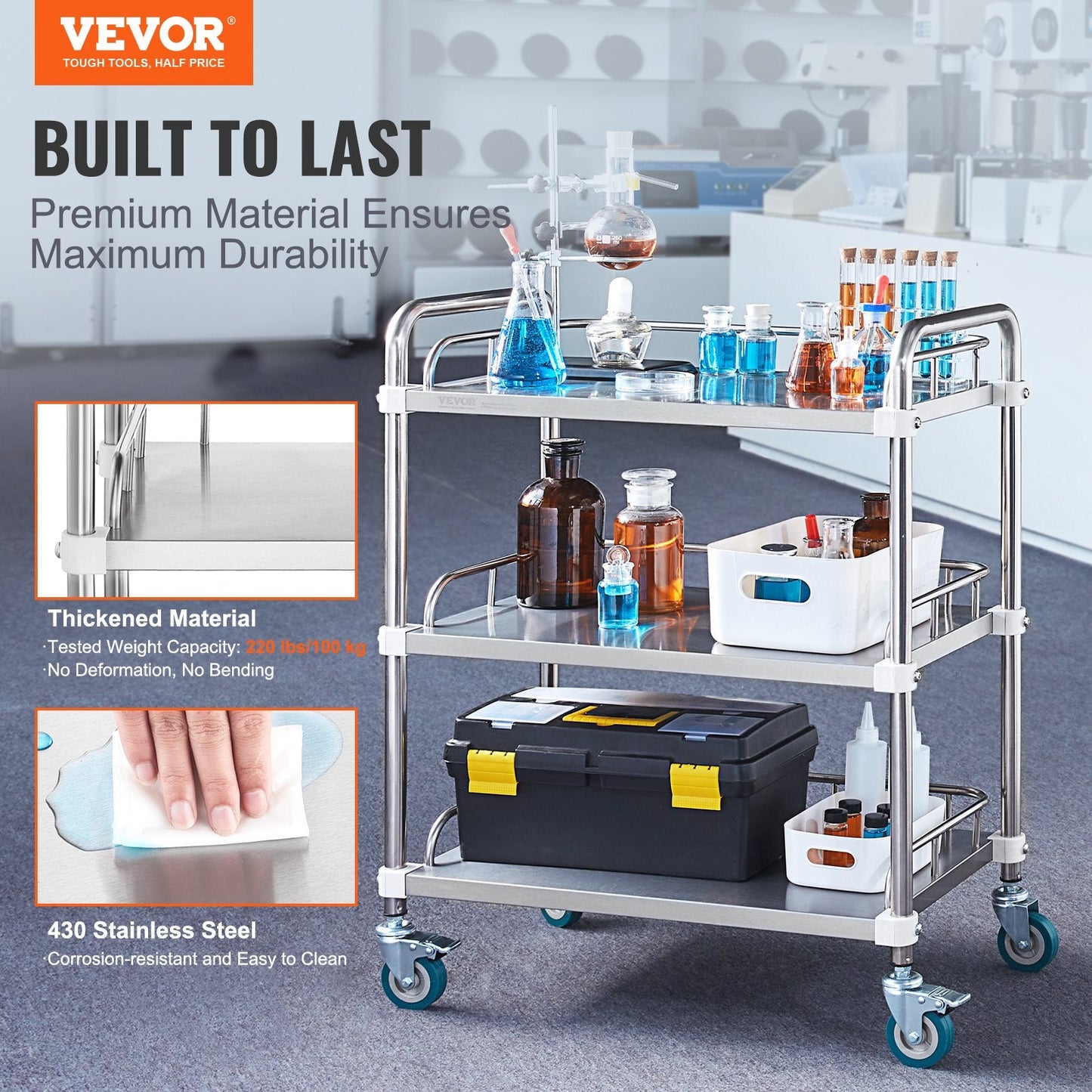 3-Shelf Stainless Steel Lab Cart with Swivel Casters, 100 kg Capacity, 0.67 m