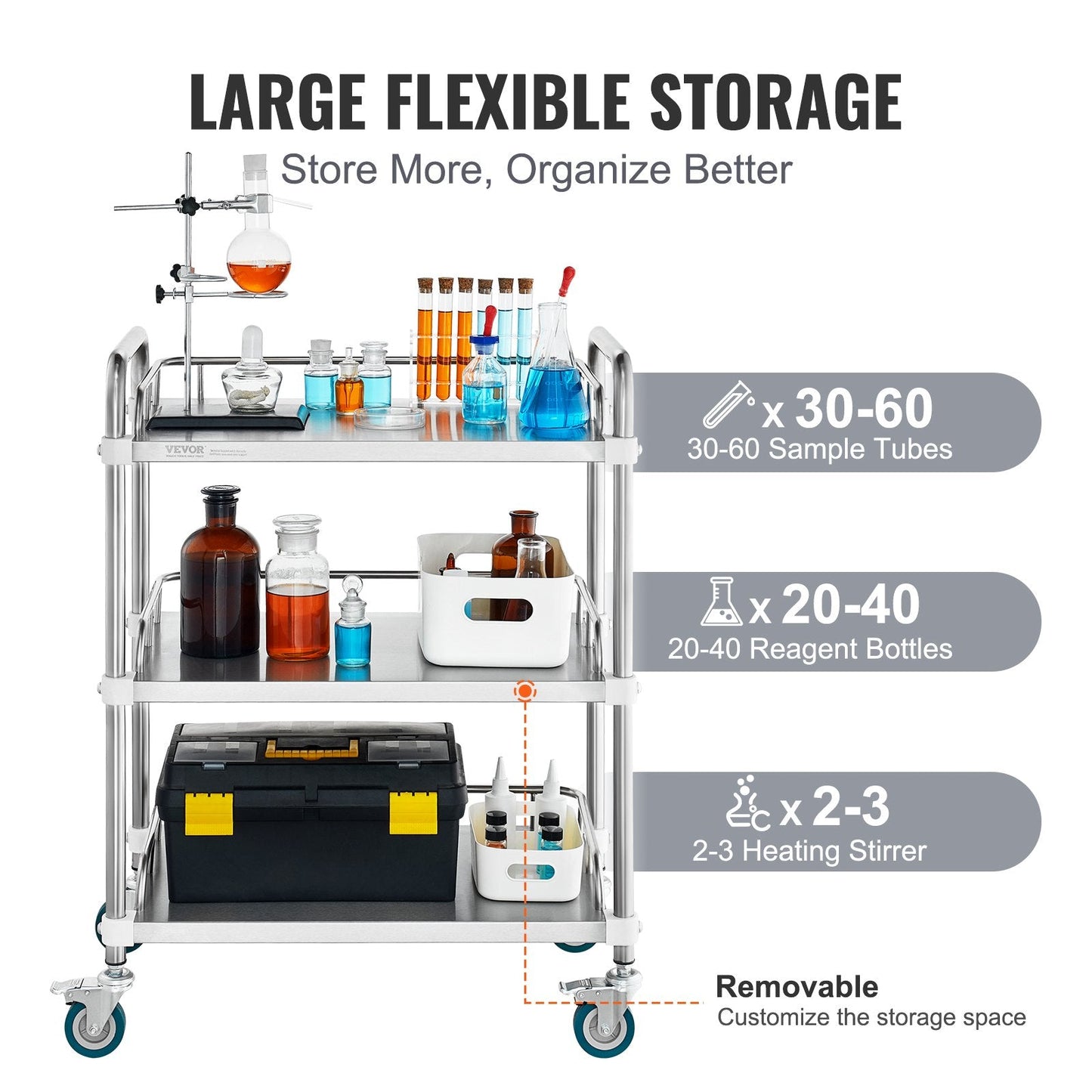 3-Shelf Stainless Steel Lab Cart with Swivel Casters, 100 kg Capacity, 0.67 m