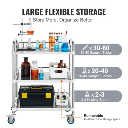 3-Shelf Stainless Steel Lab Cart with Swivel Casters, 100 kg Capacity, 0.67 m