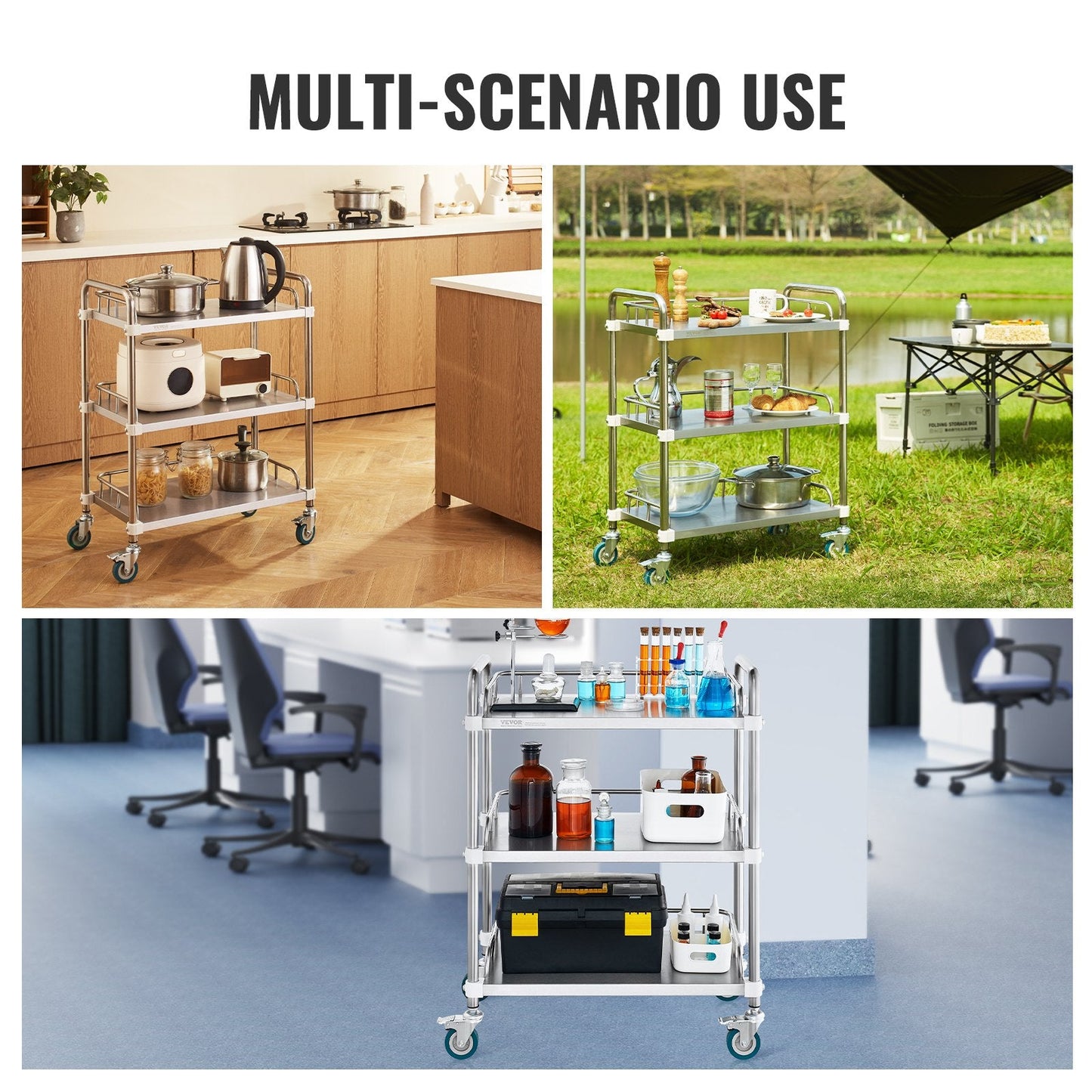 3-Shelf Stainless Steel Lab Cart with Swivel Casters, 100 kg Capacity, 0.67 m