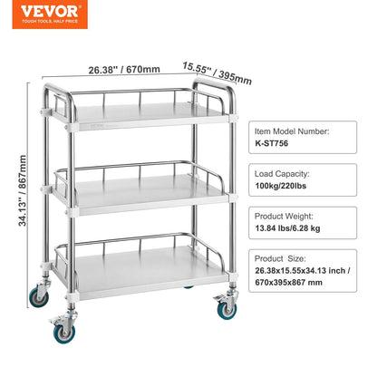 3-Shelf Stainless Steel Lab Cart with Swivel Casters, 100 kg Capacity, 0.67 m