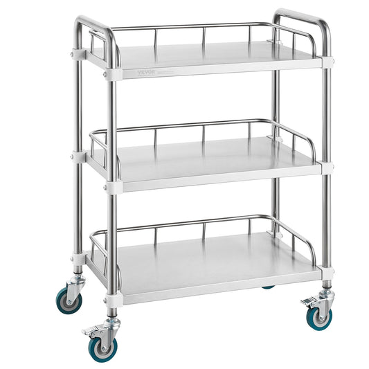 VEVOR Lab Rolling Cart, 3-Shelf Stainless Steel Rolling Cart, Lab Serving Cart with