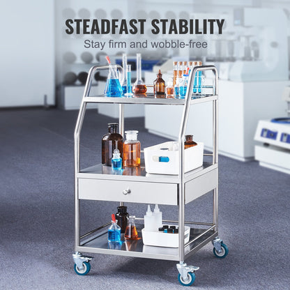 VEVOR Lab Rolling Cart Dental Lab Serving Cart 3 Tiers 1 Drawer Stainless Steel