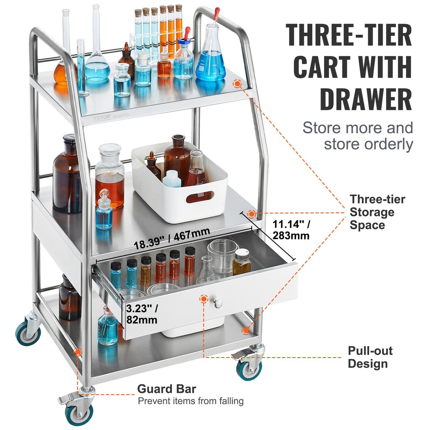 VEVOR Lab Rolling Cart Dental Lab Serving Cart 3 Tiers 1 Drawer Stainless Steel