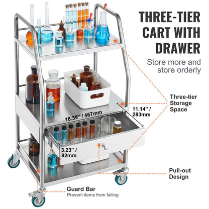 VEVOR Lab Rolling Cart Dental Lab Serving Cart 3 Tiers 1 Drawer Stainless Steel