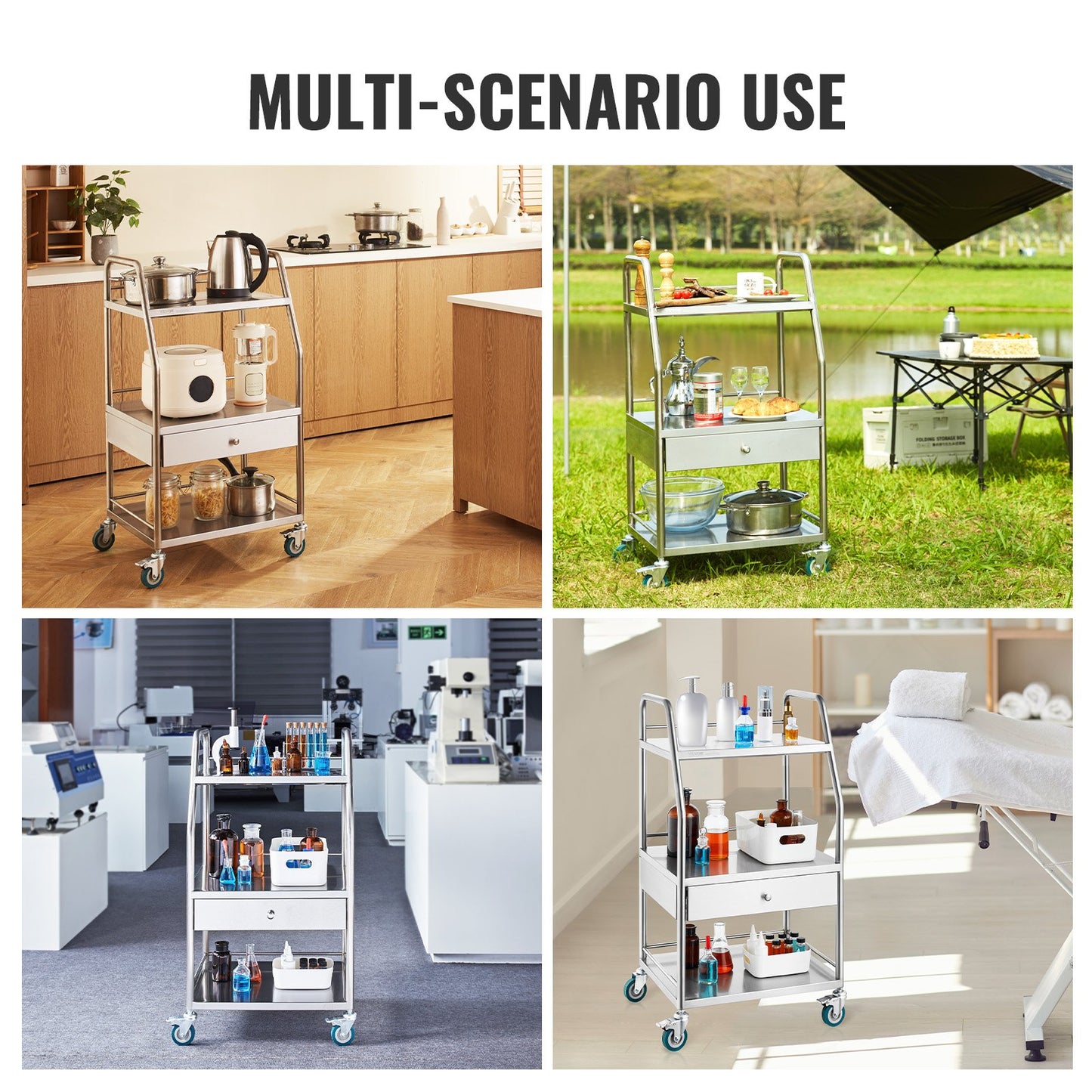 VEVOR Lab Rolling Cart Dental Lab Serving Cart 3 Tiers 1 Drawer Stainless Steel