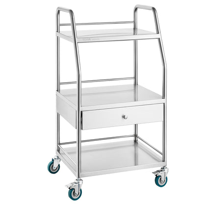 VEVOR Lab Rolling Cart Dental Lab Serving Cart 3 Tiers 1 Drawer Stainless Steel